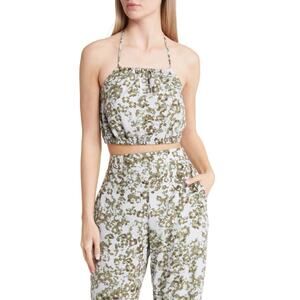 Open Edit Halter Neck Crop Top in Olive-Blue Cosmic Floral Size L